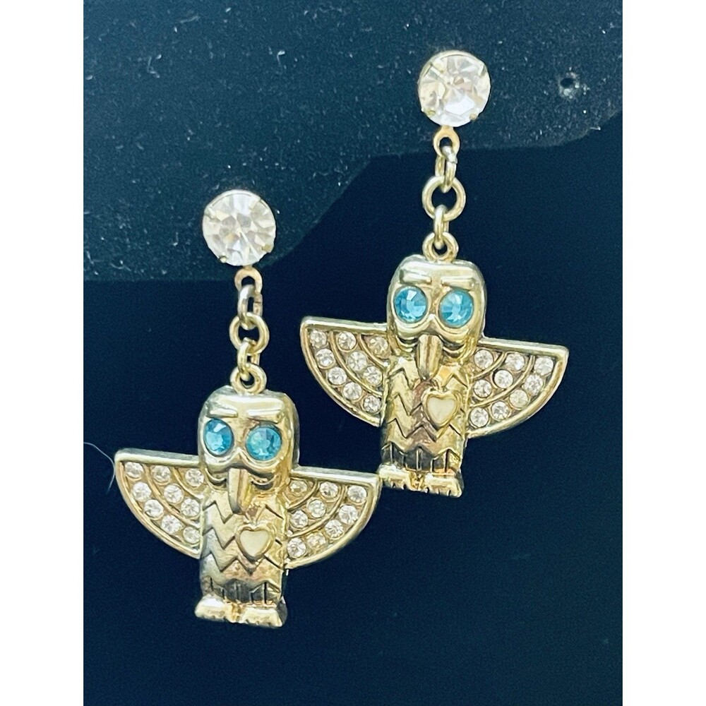Gold Tone Owl Dangle Earrings Blue Rhinestone Eyes Enamel Heart Pierced